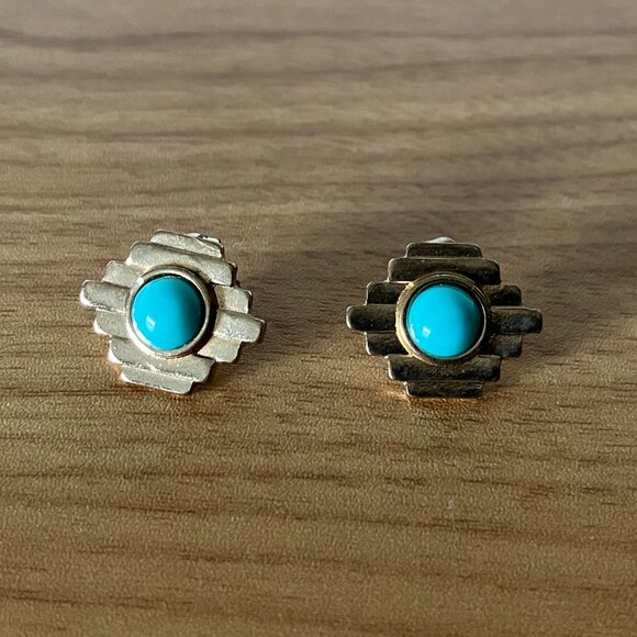 Southwestern, Geometric Turquoise/Gold Stud Earrings - Picture 2 of 6